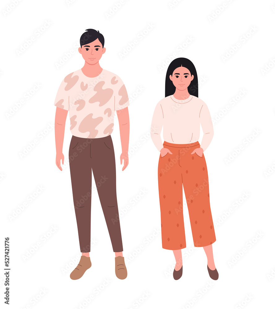 Modern young couple of asian woman and man in casual outfit. Stylish fashionable look. Hand drawn vector illustration