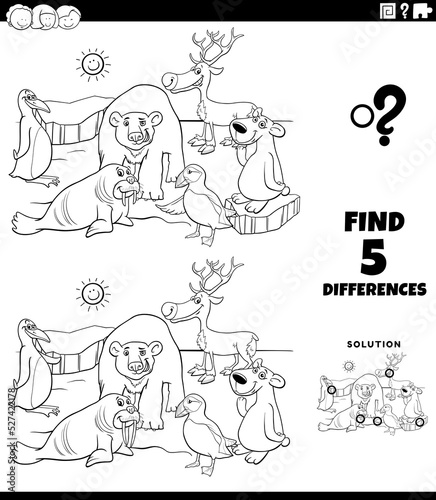 differences game with cartoon polar animals coloring page
