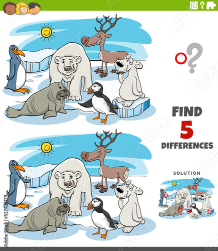 differences game with cartoon polar animal characters