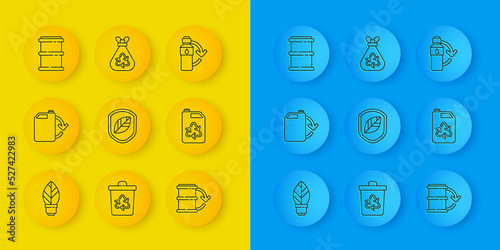 Set line Light bulb with leaf, Eco fuel canister, Shield, barrel, Barrel, Recycling plastic bottle and Garbage bag recycle icon. Vector