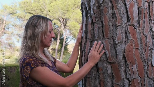 a woman embraces a coniferous tree photo