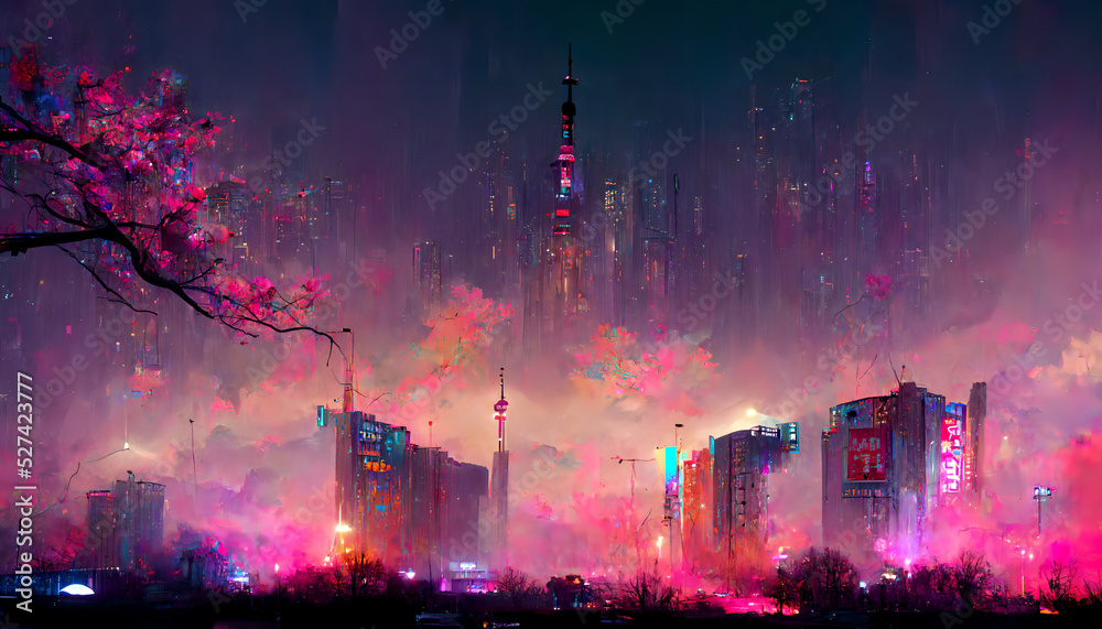 Obraz premium Fantasy Japanese night view city citycape, neon pink light, residential buildings, big sakura tree. Night urban fantasy downtown background. 3D illustration