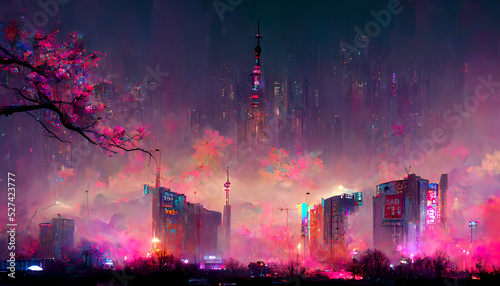 Fantasy Japanese night view city citycape, neon pink light, residential buildings, big sakura tree. Night urban fantasy downtown background. 3D illustration