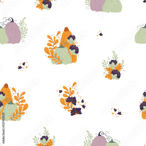 Seamless pattern with Cute pumpkins and autumn leaves. Nursery kids patterns. Kawaii Pumpkin autumn fall illustration. Vector pattern perfect for fabric, invitations, posters, printing