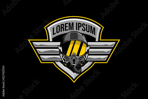 Pilot helmet with wing vector shield badge logo template