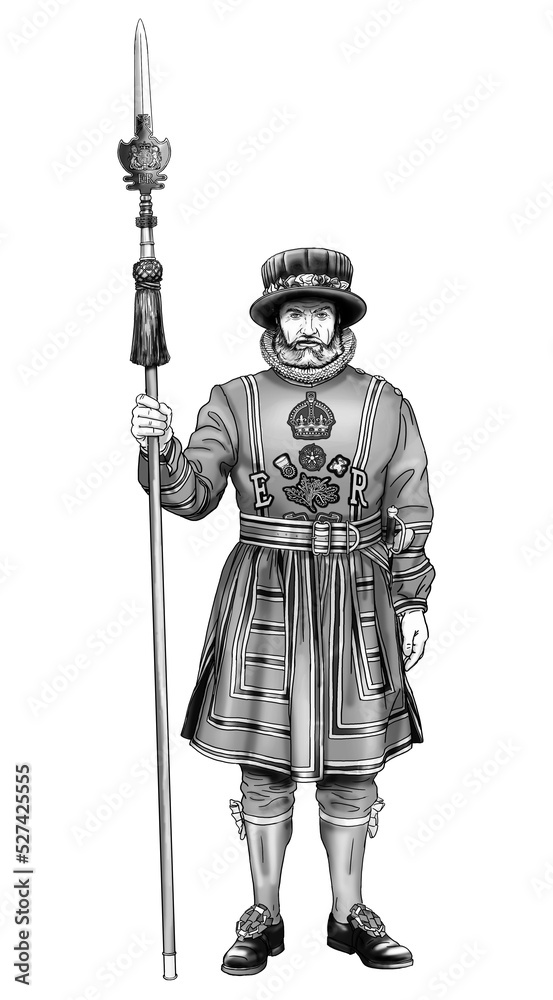 Obraz premium elderly man with a spear in red clothes, yeoman warder beef-eater 