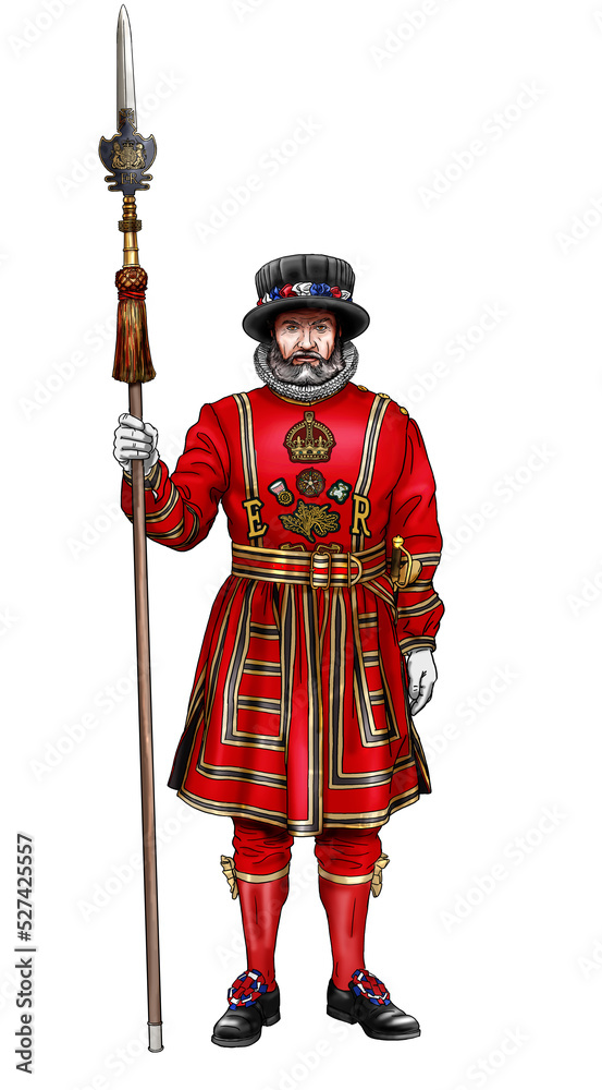 elderly man with a spear in red clothes, yeoman warder beef-eater 