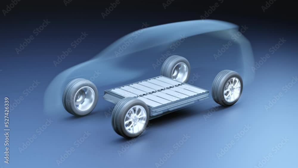 Transparent view inside electric vehicle with lithium ion battery module, x-ray SUV car energy storage system design with Li-Ion rechargeable cell pack housing, 3D rendering transportation technology