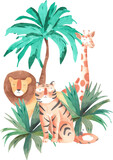 Safari animals - lion, tiger, giraffe and palms watercolor composition