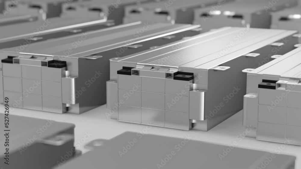 Electric vehicle lithium ion rechargeable battery module inside metal enclosure packed for car, new solid li-ion cell pack manufacturing for transportation energy storage industry 3D rendering