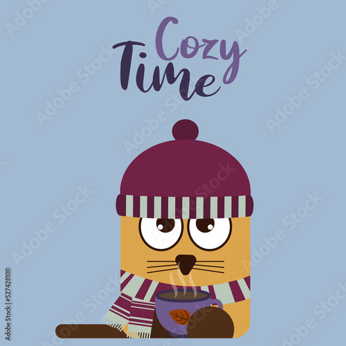 Cozy Time greeting card.Cute flat design Cat with hat and scarf also a cup of hot drink. 