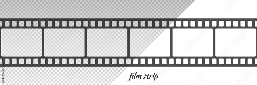 Film strip seamless pattern. Repeated black filmstrip on transparent background. Element for design photograph. Repeating clipping reel movie. Photo frame tape. Roll camera. Vector illustration