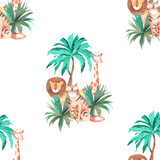 Safari watercolor seamless pattern - cactus, toucan, palm, africa animals templates