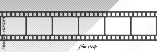 Film strip seamless pattern. Repeated black filmstrip on transparent background. Element for design photograph. Repeating clipping reel movie. Photo frame tape. Roll camera. Vector illustration