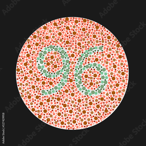 Ishihara test for color blindness. Color blind test. Green number 96 for colorblind people. Vector illustration.
