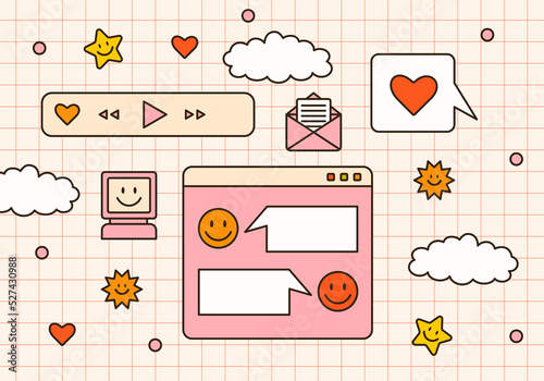 Vector set of retro computer windows and screens. Cute old desktop interface with various icons. 90s and y2k digital aesthetic. Vintage banners, frames, boxes and panels for design