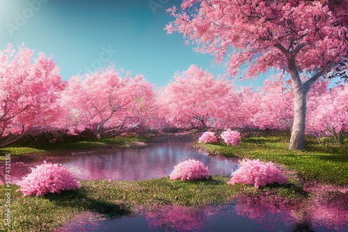 beautiful cherry blossom, sakura tree background, japanese spring  wallpaper, 3d render, 3d illustration Stock Illustration