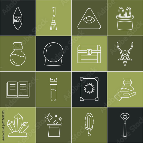 Set line Magic wand, Bottle with potion, Pentagram necklace, Masons, ball, Wizard warlock and Antique treasure chest icon. Vector