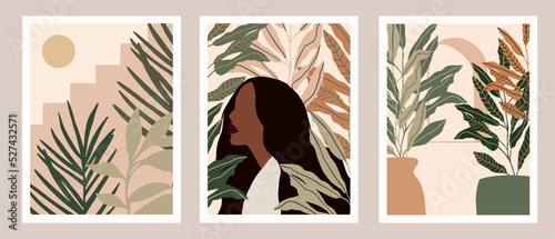 Fashion Summer Poster with Face Woman Portrait, Exotic Tropical Leaf on pastel background. Afro American Woman illustration for poster, wall art, banner, placard, print, canvas in earth tone. Vector