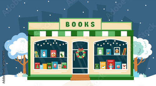 Book shop window with Christmas decoration. Christmas shop. Books on the shop window. Book shop front. Vector illustration in flat style.