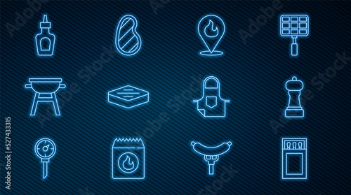 Set line Matchbox and matches, Pepper, Location with fire flame, Steak meat, Barbecue grill, Sauce bottle, Kitchen apron and icon. Vector