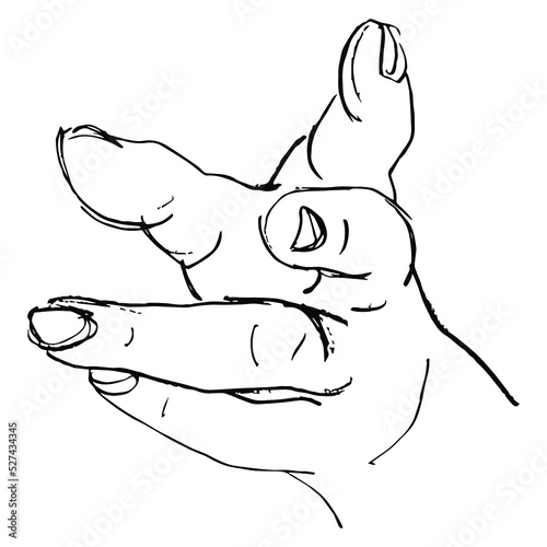 Human hand with clenched fingers. Reaching forward gesture. Empty palm. Front view. Hand drawn linear doodle rough sketch. Black silhouette on white background.