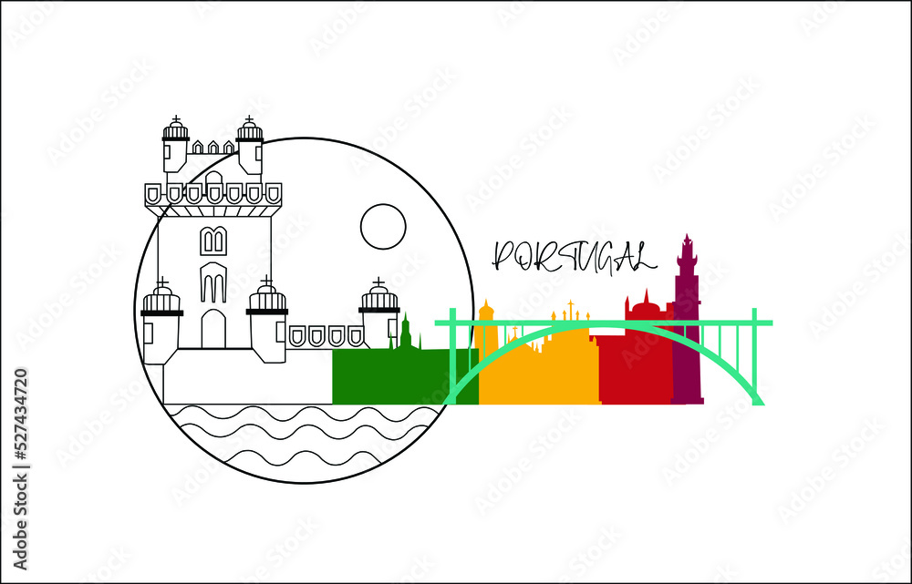 Portugal famous places drawing vector illustration
