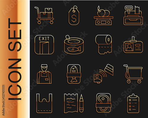 Set line Shopping list, cart, Identification badge, Electronic scales for product, Canned fish, Fire exit, Hand truck and boxes and Toilet paper roll icon. Vector