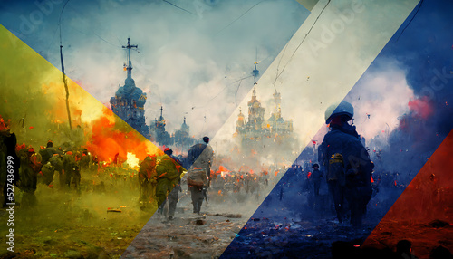 Flag of Russia and Ukraine over war scene with soldiers refugees photo