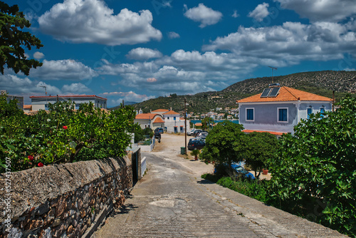 Poros island on colorful day in Aegean, Greece photo