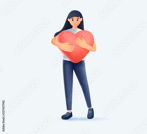 3D vector character woman sitting in lotus pose, meditate. Girl Holding huge red heart and meditation, self confidence, mental health and self growth. Psychology, freedom and life, body positive. 3D