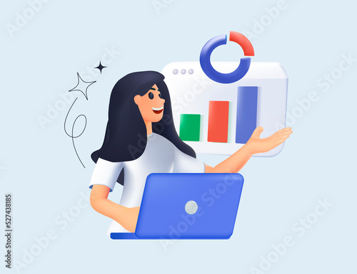 3D Business Marketing illustrations. Women taking part in business activities. Trendy vector 3D render style. Targeting the business, analitics, research. digital online viral, seo, keyword, advertise