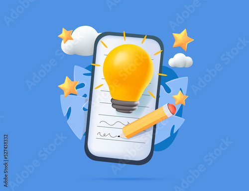 3D vector creative business ideas in smartphone. Making idea notes, brainstorm. Online calendar planner, schedule