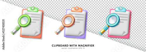 Set of colorful cartoon magnifiers and clipboards with paper sheet. 3d cartoon folders with glossy magnifying glasses (loupe, zoom tool) isolated on white and transparent background.