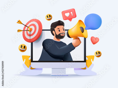 Business success 3D vector illustration set. Impression management, promote business, entrepreneurship, personal brand strategy. SMM marketing manager. Social interaction, influence. Blogger, referral