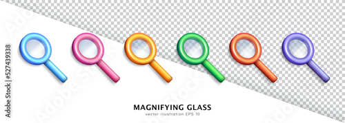 Set of six vector isometric 3d colorful magnifying glasses. Realistic glossy orange, yellow, cyan, pink, blue, green, purple magnifiers with transparent lens. Cartoon loupe, reading glass, zoom tool