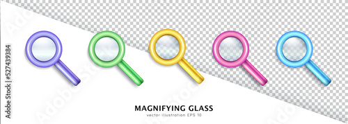 Collection of five 3d colorful magnifying glasses. Top view of glossy pink, blue, green, purple magnifiers with transparent lens. Cartoon vector loupe, reading glass, zoom tool, optical microscope
