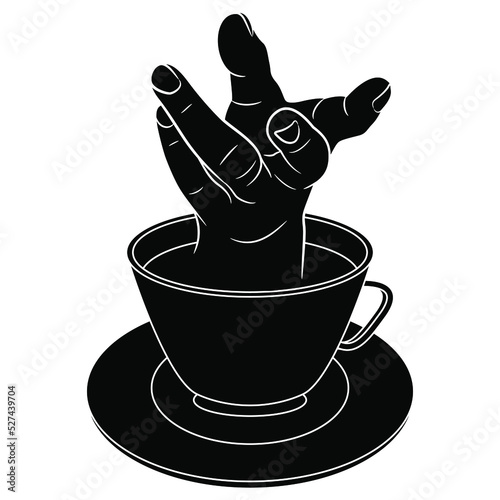 Greedy human hand with clenched fingers emerging from a cup of coffee or tea. Funny beverage concept. Black and white silhouette.