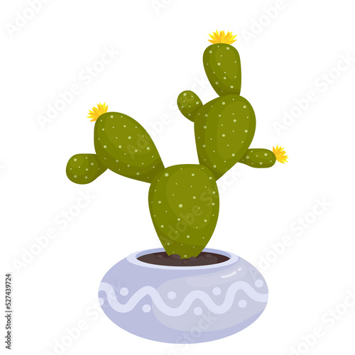 Blooming cactus in a ceramic flowerpot. Cartoon vector graphics.