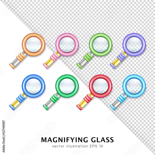 Bid set of 3d colorful magnifying glasses. Top view of glossy orange, red, pink, blue, green, purple, cyan magnifiers with transparent lens. Cartoon loupe, reading glass, zoom tool, optical microscope