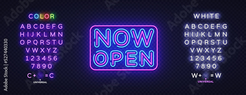 Now Open neon on light background. Vector icon isolated template