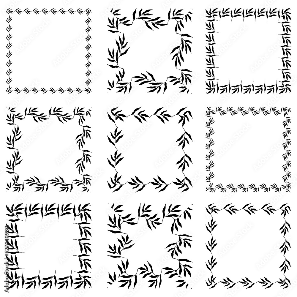 Illustration of collection of assorted square shaped black square frames made of plants on white isolated background