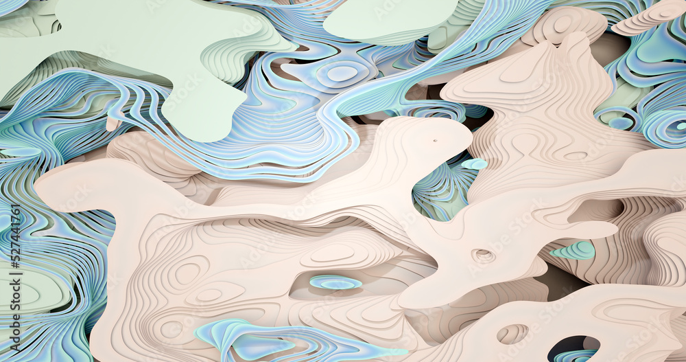 Obraz premium 3d rendering. Abstract background of lines and stripes of pastel colors curved by turbulence on a white background.