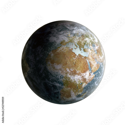 Rendered planet Earth in half daylight rotated to show Africa, the Middle East and Europe.
