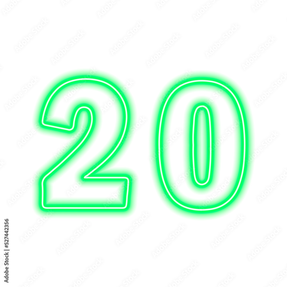 Neon green number 20 isolated on white. Serial number, price, place Neon green number 20 isolated on white. Serial number, price, place