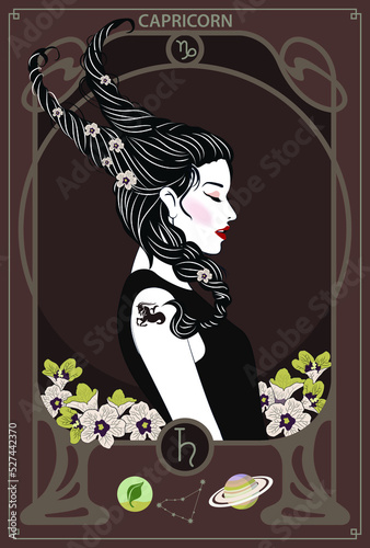 The woman who represents the Horoscope Sign Illustration in Art Nouveau style with sign of zodiac. Vector Illustration of Capricorn Zodiac Sign.