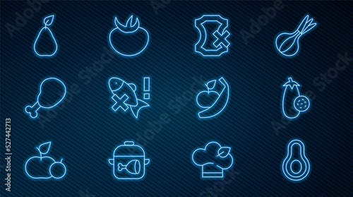Set line Avocado fruit, Eggplant, No leather, fish, Chicken leg, Pear, Apple and banana and Tomato icon. Vector
