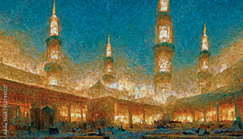 Obraz na płótnie Oil painting of our beloved Prophet Muhammed's (PBUH) mosque in Medina City, Saudi Arabia, Home Decoration Modern Walls oil Painting living Room Wall Art tableau Decoration