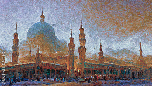 Fotografia Oil painting of our beloved Prophet Muhammed's (PBUH) mosque in Medina City, Saudi Arabia, Home Decoration Modern Walls oil Painting living Room Wall Art tableau Decoration