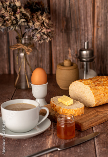 Food photography of breakfast, egg, bread, cappuccino, butter